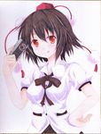  :q black_hair bow camera collared_shirt hand_on_hip hat kittona looking_at_viewer pom_pom_(clothes) puffy_short_sleeves puffy_sleeves red_eyes ribbon scan shameimaru_aya shikishi shirt short_hair short_sleeves simple_background smile solo tokin_hat tongue tongue_out touhou traditional_media upper_body watercolor_pencil_(medium) white_background 