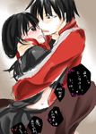  1boy 1girl black_hair blush brown_hair couple hug kagerou_project kaiyuya kisaragi_shintarou long_hair midriff red_eyes saliva short_hair tateyama_ayano translation_request vocaloid 