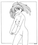  :d border breasts collarbone graphite_(medium) greyscale harumachi_nagaaki medium_breasts monochrome nanase_narue narue_no_sekai navel nipples nude open_mouth pussy simple_background smile solo traditional_media 