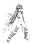 boots breasts censored full_body gauntlets graphite_(medium) greyscale harumachi_nagaaki horn monochrome navel nude original pussy short_hair simple_background small_breasts solo standing thighhighs traditional_media white_background wings 