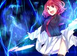  character_name drum horikawa_raiko instrument jacket lightning mitsudomoe_(shape) nabezuru necktie no_panties off_shoulder open_mouth red_eyes red_hair shards shirt short_hair skirt smile solo tomoe_(symbol) touhou 