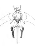  boots collarbone covering covering_crotch demon_girl demon_wings flat_chest full_body gauntlets graphite_(medium) greyscale harumachi_nagaaki horns long_hair monochrome navel nipples nude original simple_background solo sword traditional_media weapon wings 
