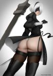  1girl 2b_(nier:automata) artist_name ass back_cutout bad_deviantart_id bad_id black_blindfold black_dress black_hairband black_ribbon blindfold boots breasts brown_thighhighs closed_mouth clothes_lift clothing_cutout covered_eyes cowboy_shot dress facing_viewer feather-trimmed_sleeves gloves grey_background hairband hand_up high_heel_boots high_heels highleg highleg_leotard holding holding_sword holding_weapon juliet_sleeves katana legs_apart leotard lips long_sleeves medium_breasts mole mole_under_mouth nier:automata nier_(series) nose print_dress puffy_sleeves ribbon ribbon-trimmed_blindfold ribbon-trimmed_hairband side_slit skindentation skirt skirt_lift solo standing sword tecnomayro thigh_boots thighhighs thighhighs_under_boots thighs vambraces virtuous_contract weapon white_hair white_leotard wind wind_lift 