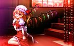  ascot blonde_hair blood fang flandre_scarlet gradient gradient_background hat hatomura_(tareneko_club) head_tilt highres holding laevatein open_mouth red_eyes side_ponytail sitting smile solo stairs touhou wings wristband 