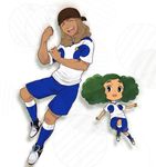  1girl black_eyes blush brown_hair closed_eyes earth_eleven green_hair inazuma_eleven_(series) inazuma_eleven_go inazuma_eleven_go_galaxy kusaka_ryuuji lightning_bolt long_hair looking_at_viewer morimura_konoha petagon soccer_uniform sportswear white_background 