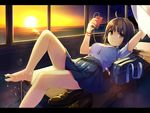  barefoot black_hair brown_eyes headphones original phone seifuku short_hair skirt stars sunset unasaka_ryou water wet wristwear 