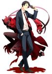  absurdres adachi_tooru black_eyes black_hair formal gun handgun highres magatsu_izanagi necktie persona persona_4 revolver saeuchobab short_hair spoilers suit weapon yellow_eyes 