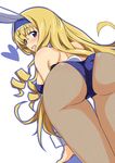  :d animal_ears ass bare_shoulders blonde_hair blue_eyes blue_hairband blue_leotard blush breasts bunny_ears bunny_tail bunnysuit cecilia_alcott fake_animal_ears fishnet_pantyhose fishnets from_behind hairband haruhisky heart highres infinite_stratos large_breasts leotard long_hair looking_back open_mouth pantyhose smile solo tail under_shot wrist_cuffs 