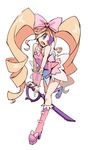  big_hair blonde_hair blue_eyes boots bow darkers dress drill_hair earrings eyepatch full_body hair_bow harime_nui highres jewelry kill_la_kill long_hair pink_bow pink_footwear scissor_blade smile solo twin_drills twintails white_background wrist_cuffs 