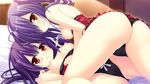  asakura_hayate black_panties blush bow bow_panties breasts brown_eyes character_request game_cg long_hair looking_at_viewer lying majo_koi_nikki medium_breasts multiple_girls nipples on_back on_bed panties purple_hair twintails underwear yuri 