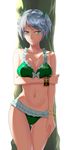  bikini bracelet breast_hold breasts ciel_alencon cleavage contrapposto embarrassed frilled_bikini frills god_eater god_eater_2:_rage_burst green_eyes highres jewelry large_breasts shinta_(sinta-clover) short_hair silver_hair standing swimsuit thigh_gap twintails 