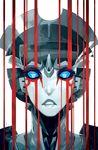  1girl blood blood_on_face eye_reflection highres lips mecha monochrome no_humans reflection robot sarah_stone science_fiction starscream transformers windblade 