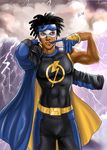  1boy autumn_sacura belt black_hair bodysuit brown_eyes cloud clouds dark_skin dc_comics electricity gloves goggles hairlocs jacket lightning lightning_bolt male male_focus mask mouth_hold solo standing static_(dc) static_shock undressing virgil_ovid_hawkins 