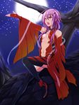 bare_shoulders black_legwear breasts center_opening cleavage detached_sleeves fingerless_gloves full_moon gloves guilty_crown hair_ornament hairclip hand_on_own_chest highres long_hair moon music navel open_mouth oukasirayami pink_hair red_eyes singing sky small_breasts solo star_(sky) starry_sky thighhighs twintails yuzuriha_inori 