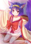  animal_ear_fluff animal_ears fox_ears fox_tail hatsuse_izuna highres japanese_clothes kazenokaze kimono liquid no_game_no_life over_shoulder purple_hair solo tail tongue tongue_out yellow_eyes 