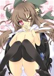  &gt;_o ;q black_legwear bow breasts brown_hair cameltoe cape eyes_visible_through_hair hair_bow highres knees_together_feet_apart long_hair looking_at_viewer md5_mismatch medium_breasts milkpanda nipples one_eye_closed panties red_eyes reiuji_utsuho sitting solo star thighhighs tongue tongue_out touhou underwear wings 