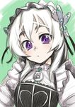  1girl chaika_trabant frills hair_ornament hair_ribbon hairband hitsugi_no_chaika long_hair looking_at_viewer purple_eyes ribbon solo white_hair 