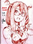  :d artist_name bat_wings bespectacled breasts dated glasses hand_on_own_cheek head_wings koakuma large_breasts long_hair monochrome open_mouth red_hair savan sketch smile solo touhou wings 