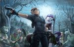  absurd_res anthro anthrofied ashley_graham audrarius blue_eyes brown_fur brown_hair capcom clothing crossover equine female forest friendship_is_magic fur group gun hair hi_res horn leon_kennedy male mammal my_little_pony night original_character pistol purple_hair ranged_weapon rarity_(mlp) resident_evil resident_evil_4 tree undead unicorn video_games weapon white_fur zombie 