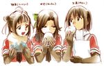  baozi blush brown_eyes brown_hair censored double_bun dragon_quest eating elbow_gloves food gloves jintsuu_(kantai_collection) kantai_collection long_hair mori_(unknown.) multiple_girls naka_(kantai_collection) open_mouth school_uniform sendai_(kantai_collection) short_hair slime_(dragon_quest) smile two_side_up 
