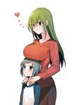  1girl age_difference bad_id bad_twitter_id blue_eyes blue_hair breast_rest breasts breasts_on_head erubo green_hair heart large_breasts long_hair original raglan_sleeves short_hair simple_background white_background 