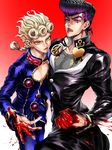  bad_id bad_pixiv_id blonde_hair blood bloody_hands braid bug clenched_hand gakuran giorno_giovanna higashikata_jousuke insect jojo_no_kimyou_na_bouken ladybug multiple_boys pompadour purple_eyes purple_hair school_uniform time_paradox yellow_eyes zakki 