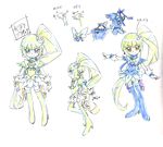  blue_dress bodysuit boots brooch character_sheet concept_art dress eyelashes gem gorou_(pixiv3249935) heart heartcatch_precure! highres jewelry long_hair looking_at_viewer magical_girl multiple_girls multiple_persona original outstretched_arm parody precure simple_background sketch smile style_parody tareme thigh_boots thighhighs translation_request umakoshi_yoshihiko_(style) very_long_hair what_if white_background zettai_ryouiki 