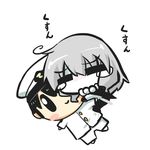  1girl =_= admiral_(kantai_collection) ahoge blush blush_stickers character_doll chibi commentary_request crying goma_(gomasamune) hat hug kantai_collection military military_uniform naval_uniform shinkaisei-kan short_hair silver_hair simple_background smile solid_oval_eyes stuffed_toy tears translated uniform white_background white_skin wo-class_aircraft_carrier 