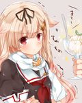  blonde_hair food hair_flaps hair_ornament hair_ribbon hairclip highres ice_cream kantai_collection kuromitsu_maria long_hair looking_away neckerchief red_eyes red_neckwear remodel_(kantai_collection) ribbon scarf school_uniform serafuku sketch spoon trembling white_scarf yuudachi_(kantai_collection) 