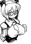  alternate_hair_length alternate_hairstyle bat_wings bespectacled breasts covered_nipples dress_shirt framed_breasts glasses greyscale head_wings highres koakuma large_breasts long_sleeves looking_at_viewer maru-sun monochrome necktie shirt simple_background sketch smile solo taut_clothes taut_shirt touhou vest white_background wings 