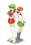  age_switch alternate_hair_color alternate_hairstyle alternate_height android ballpoint_pen_(medium) black_legwear colored_pencil_(medium) full_body green_eyes green_hair hairstyle_switch hand_on_hip hands_on_hips harumachi_nagaaki height_difference height_switch kneehighs long_hair long_sleeves marker_(medium) multi multiple_girls no_shoes older open_mouth orange_eyes orange_hair red_eyes red_hair robot_ears school_uniform serafuku serio short_hair skirt smile standing sweater_vest tareme thighhighs to_heart traditional_media tsurime white_legwear younger 