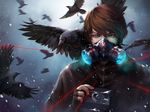  1boy bird blood blue_eyes brown_hair camera crow fingerless_gloves gas_mask gloves glowing glowing_eye laser_sight original short_hair snow snowing solo unodu 