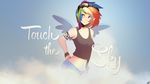  arm_band clothing cloud ear_piercing english_text eyewear friendship_is_magic gym_shorts hair human jave_the_13 mammal multi-colored_hair my_little_pony navel piercing purple_eyes rainbow_dash_(mlp) rainbow_hair shirt sky solo sunglasses tank_top text wallpaper wings wristband 