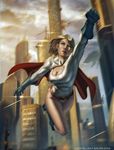  1girl 2013 alien blonde_hair blue_eyes blue_gloves blue_shoes breasts building cape city cleavage_cutout cloud dc_comics explosion female flying gloves jophiel_ray_saura kryptonian large_breasts leotard power_girl red_cape shoes sky space_craft spaceship traffic_light 