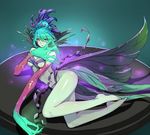  1girl bare_legs barefoot breasts death_prophet_(dota) defense_of_the_ancients detached_sleeves dota_2 green_hair green_skin long_arms long_hair looking_at_viewer lying medium_breasts navel no_panties on_side pointy_ears purple_eyes ribbon solo 