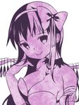  akemi_homura akuma_homura bare_shoulders black_hair black_wings bow breasts choker cleavage dress elbow_gloves feathered_wings gloves hair_bow large_breasts long_hair looking_at_viewer mahou_shoujo_madoka_magica mahou_shoujo_madoka_magica_movie monochrome nasunoko playing_with_own_hair simple_background smile solo spoilers white_background wings 