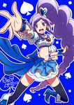  aono_miki blue_background blue_choker blue_footwear blue_skirt blush boots choker cure_berry drill_hair earrings eyelashes fresh_precure! frilled_skirt frills hair_ornament hairband happy heart heart_hair_ornament high_heels jewelry jumping knee_boots long_hair looking_at_viewer magical_girl midriff navel open_mouth ponytail precure purple_eyes purple_hair ribbon shirono shirt side_ponytail skirt smile solo thighhighs thighs translated wrist_cuffs zettai_ryouiki 