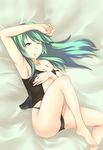  armpits bangs barefoot black_panties blue_eyes breasts caam_serenity_of_gusto cleavage covering covering_breasts duel_monster green_hair highres long_hair lying medium_breasts nasuka@hiyokko on_back on_bed one_eye_closed panties see-through sidelocks solo thong topless underwear yuu-gi-ou 