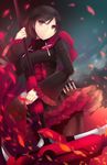  black_hair commentary_request daiaru highres pantyhose ruby_rose rwby scythe short_hair silver_eyes solo weapon 