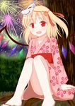  :d absurdres alternate_costume blonde_hair blush bush chiyono fang fireworks flandre_scarlet flower_(symbol) fox_mask geta hair_ornament highres japanese_clothes kimono mask open_mouth pink_kimono red_eyes side_ponytail sitting smile solo touhou tree wings yukata 