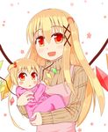  :d alternate_costume alternate_hairstyle baby baby_carry blonde_hair blush carrying casual chiyono commentary_request flan-maman flandre_scarlet flower_(symbol) gradient_eyes hair_bobbles hair_ornament highres long_hair looking_at_viewer mother_and_daughter multicolored multicolored_eyes multiple_girls older open_mouth short_hair simple_background smile time_paradox touhou white_background wings younger 
