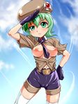  beret blush borrowed_character breasts breasts_outside cameltoe funnyari gloves green_eyes green_hair hat leafmarie_(tachibana_fusou) looking_at_viewer medium_breasts navel nipples original salute short_hair skindentation solo thighhighs uniform 