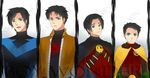  bandoliers bat_(symbol) batman_(series) belt black_hair blue_eyes bodysuit brothers cape character_name damian_wayne dc_comics dick_grayson emblem family gauntlets hooded_cape jacket jason_todd leather leather_jacket legacy male male_focus multiple_boys nightwing red_hood red_hood_(dc) red_robin red_shirt robin_(dc) shirt siblings tim_drake 
