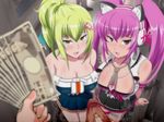  1boy 2girls alley animal_ears beatmania beatmania_iidx blush bra breasts cat_ears cleavage clothed dress erection fistful_of_yen green_hair hair_ornament hair_ribbon hairclip headphones jewelry kamishakujii_(poppenheim) kitami_erika large_breasts long_hair looking_up meme mizushiro_celica money multiple_girls necklace necktie open_mouth outdoors outside penis photoshop pink_hair ponytail prostitution ribbon skirt standing take_your_pick twintails uncensored underwear 