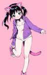  amezawa_koma animal_ears bikini black_hair blush body_blush breasts brown_eyes cat_ears cat_tail copyright_request fake_animal_ears hairband hood hoodie jacket leg_up long_hair looking_at_viewer navel pink_background shoes simple_background small_breasts sneakers solo string_bikini swimsuit tail twintails white_bikini 