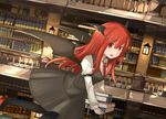 :d armband bat_wings black_legwear book book_stack bookshelf carrying dutch_angle flying head_wings highres hinami047 koakuma library long_hair looking_at_viewer low_wings necktie open_mouth pantyhose red_eyes red_hair red_neckwear shoes skirt skirt_set smile solo touhou very_long_hair vest voile wings 