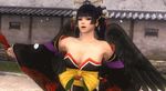  3d animated animated_gif black_hair black_wings breasts dead_or_alive dead_or_alive_5 gothic japanese_clothes kimono large_breasts licking_lips lowres nyo-tengu nyotengu purple_eyes smile solo tecmo tongue tongue_out wings 