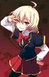  ahoge akuma_no_riddle blonde_hair hashiri_nio looking_at_viewer nagami_yuu one_eye_closed red_eyes school_uniform sharp_teeth smile solo teeth v v_over_eye 