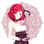  bad_id bad_pixiv_id blush choker collar dress elbow_gloves flower gloves hair_flower hair_ornament hair_ribbon hand_on_own_chest lace looking_at_viewer love_live! love_live!_school_idol_project mismatched_gloves nishikino_maki open_mouth polka_dot polka_dot_ribbon purple_eyes purple_gloves red_hair ribbon rose short_hair single_elbow_glove solo strapless strapless_dress yugamu_neiro 