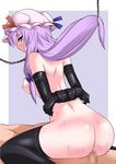  1girl arms_behind_back ass bdsm bondage border bound bow box_tie breasts censored chain collar elbow_gloves from_behind gloves hair_bow hair_lift hat hetero leash long_hair looking_back medium_breasts mizuno_asami mob_cap mosaic_censoring nipples nude patchouli_knowledge penis purple_background purple_eyes purple_hair sex sidelocks simple_background solo_focus straddling sweat thighhighs touhou vaginal white_border 